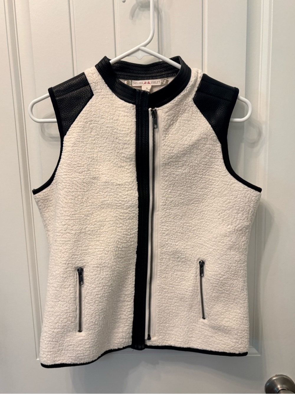 Chelsea & Violet Ivory Sherpa & Black Faux Leather Trim Moto Vest